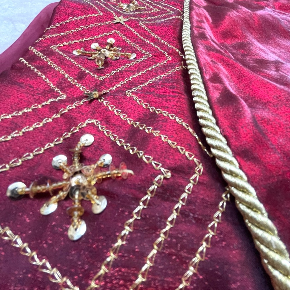 SALE! Elegant Crimson Satin Christmas Tree Skirt with Gold Embellishment